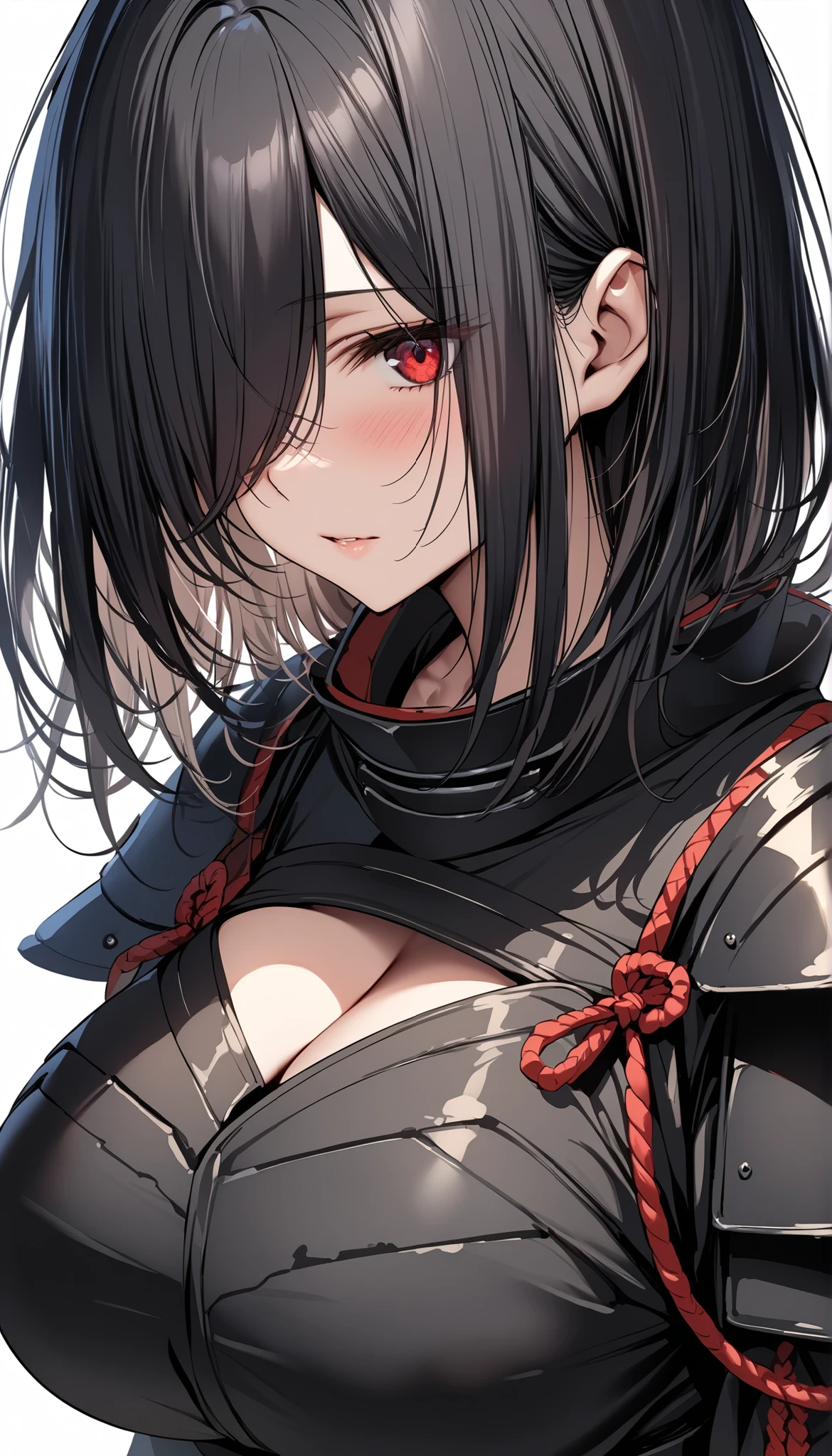 Woman samurai armor long black hair red eyes big breast village