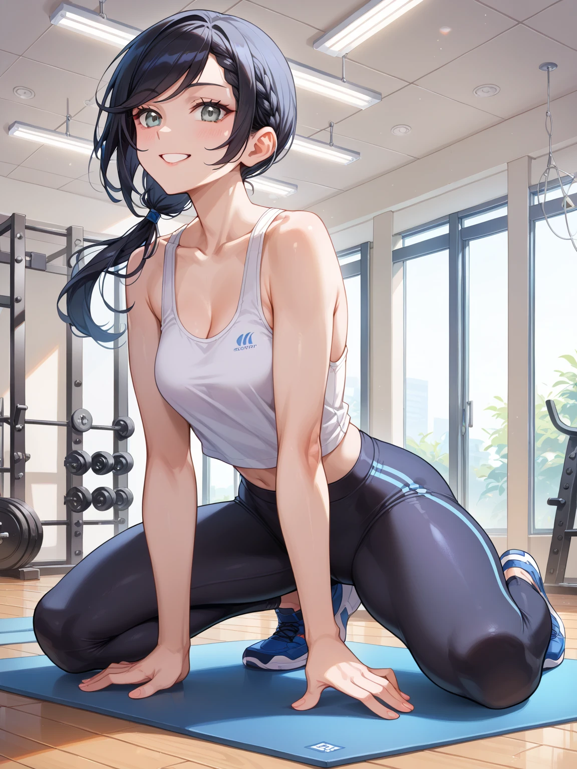 Score_9, score_8_up, score_7_up, score_6_up, score_5_up, score_4_up, 1girl, Himari, black hair,   Background, indoors, sweating, blue yoga pants, black top, crop top, tight clothes, front view, solo, towel on shoulders, gym, happy, squats, looking at viewer, hand toward viewer,   <lora:Himari:0.8>
