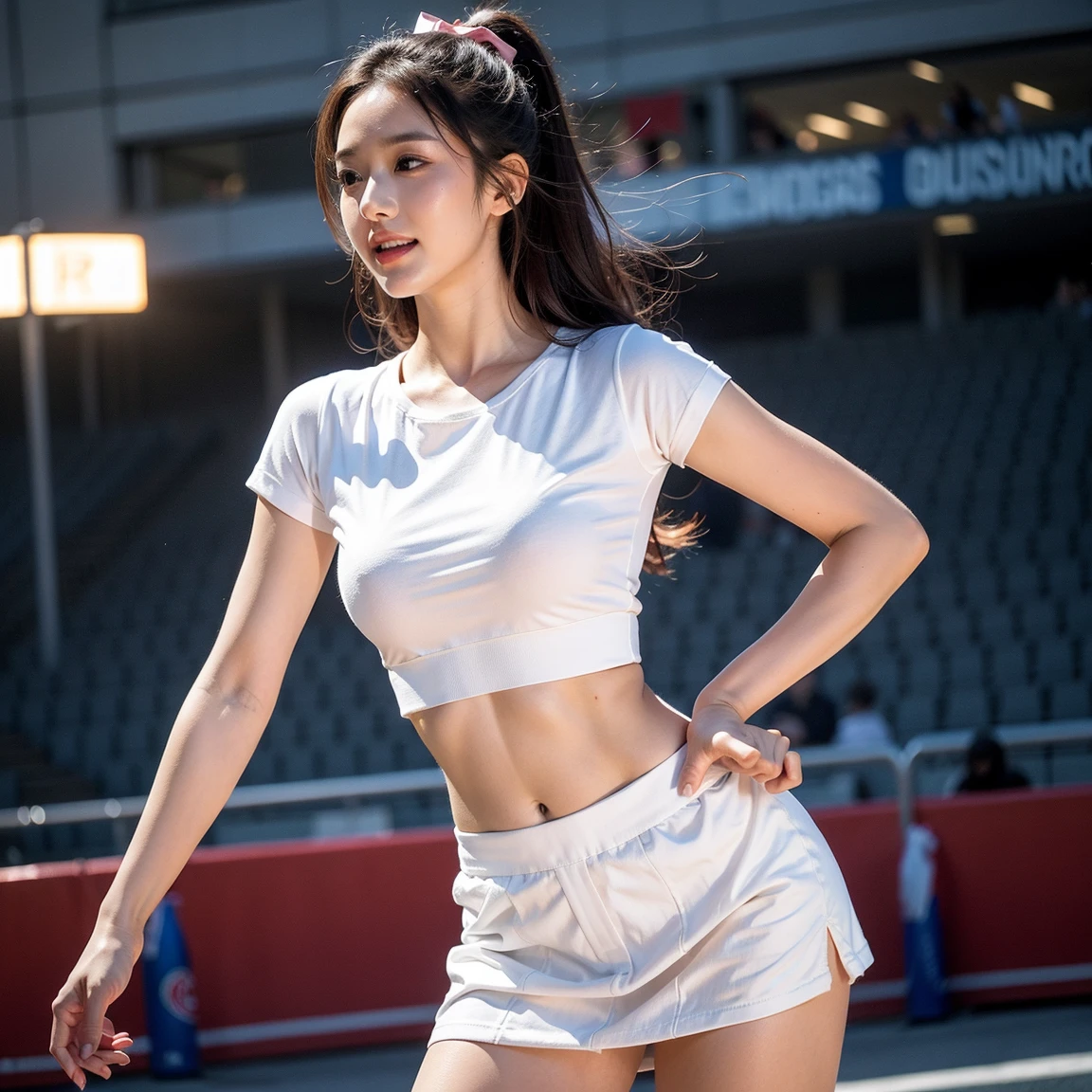 (((best quality))),(((ultra detailed))),(((masterpiece))),illustration,((1 beautiful girl,solo)),(short ponytail:1.2),((slim,thin)),((small breasts,flat chest)),(necklace:1.2),((sweat,wet)),(shiny skin:1.5),(white tank top:1.3),(red shorts:1.3),(slender legs:1.2),(sneakers:1.3),(in nightclub:1.3),(neon lights:1.3), energy,(standing:1.3),(arms behind back:1.3),(smile:1.2), conversation, thumping bass, sun-kissed skin, tanned legs,delicate features, grace, confidence, excitement, pulsating lights, capturing attention, vibrant atmosphere, center of attention,(summer:1.3),(night scene:1.3), adventure, frozen moment,((from front,full body)),(surrounded by crowded crowds:1.3)