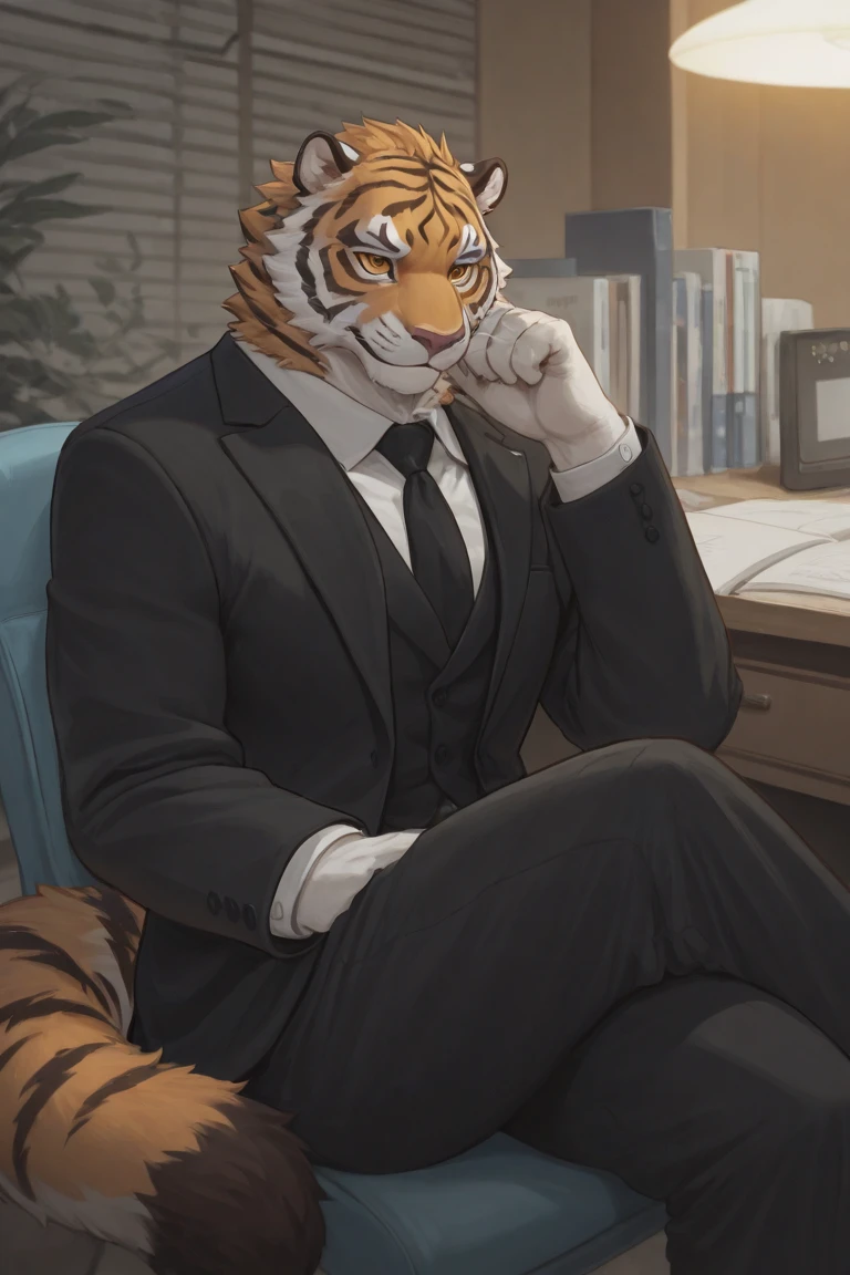 Author: bontiage, (2 boy), tiger, Black pants, (sweat:1.6), long sleeve plain White shirt, Blue necktie, Men's Second, kemono, hot body, muscle, Beautiful, sexual, Attractive guy, (Detailed black eyes), brows, (masterpiece, A high resolution, Best quality), 4K, a male, Beautiful shadow, doppelganger pose