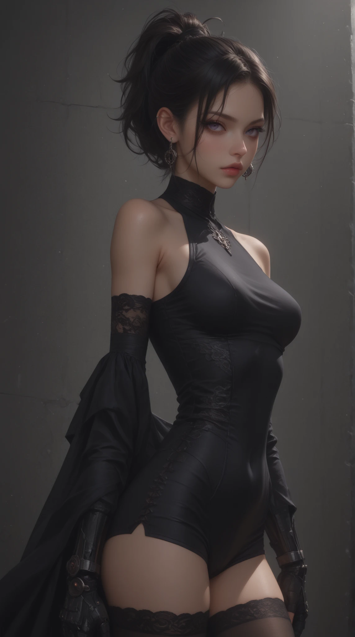 1 beautiful woman, 20 years old, long black hair (braided), pale white skin (very detailed), bright blue eyes (vampire eyes), perfect body, perfect abdomen, perfectly round butt, makeup, red lips, earrings, necklace , choker, bracelets, accessories, hair band, dressed in very tight and sexy clothes, detailed light, illustration, dynamic angle, depth of field, (best quality), (dentation), (blurred background: 0.6), beautiful and soft lighting, (front light: 1.5), (ultra high resolution, best quality), (8k, raw photo, best quality, masterpiece), technological sense, best quality, masterpiece, illustration, CG, unity, wallpaper, official art, amazing, fine details, extremely delicate and beautiful, extremely detailed, highly detailed, sharp focus, rich background, (real person, photography), ((highly detailed skin)),