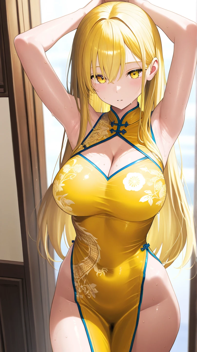 beautiful girl,Long blond hair,Green pupils,(Ball head),(Chinese Cheongsam),High-cut cheongsam,Light blue cheongsam,Bare legs,Chinese traditional style,((underboobs)),((Below the breasts)),((Lower breasts)),(Big breasts)