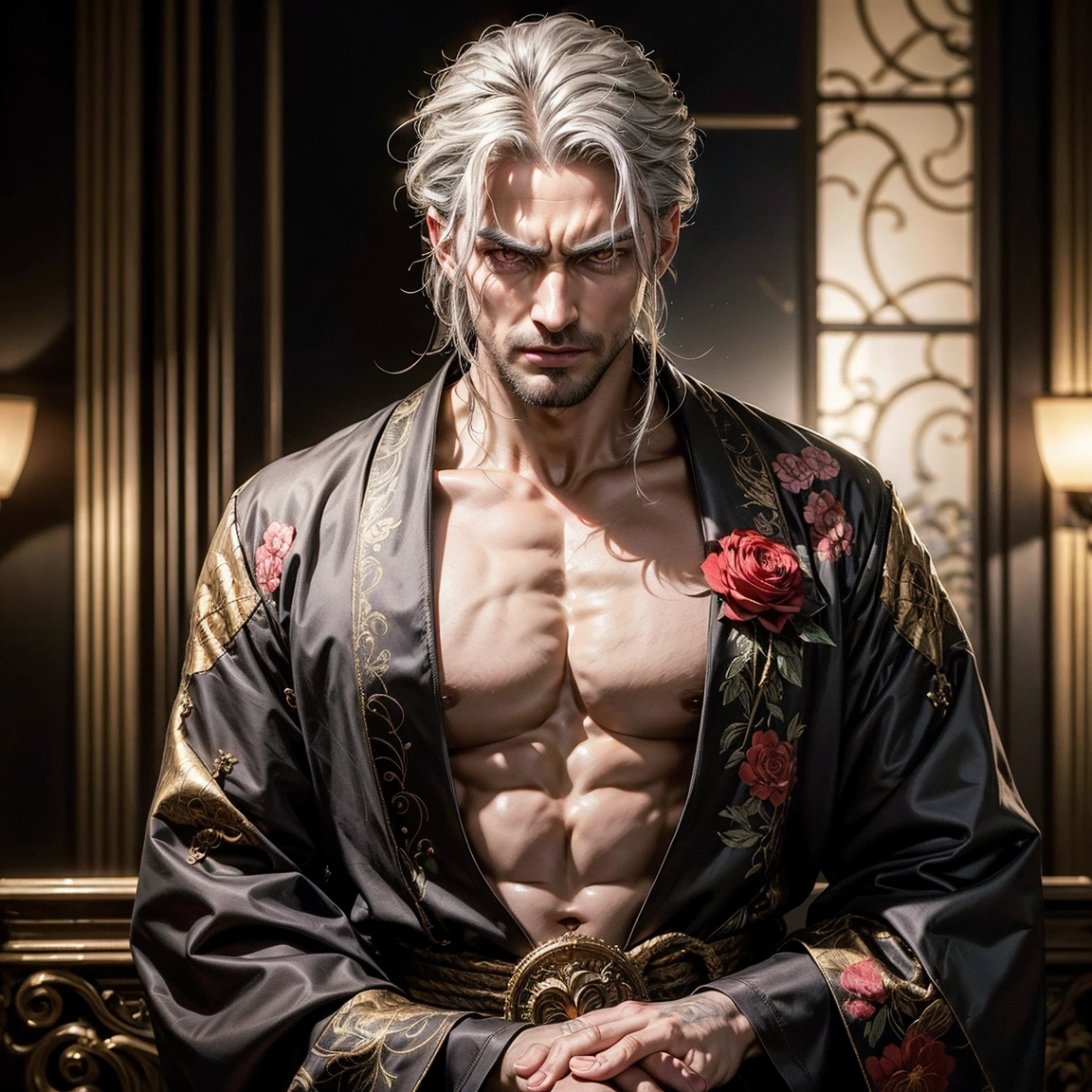hot male demon with defined physique, gray skin and completely black eyes, white hair, bloodthirsty expression with tongue out, drooling red symbols over his body in a prison room