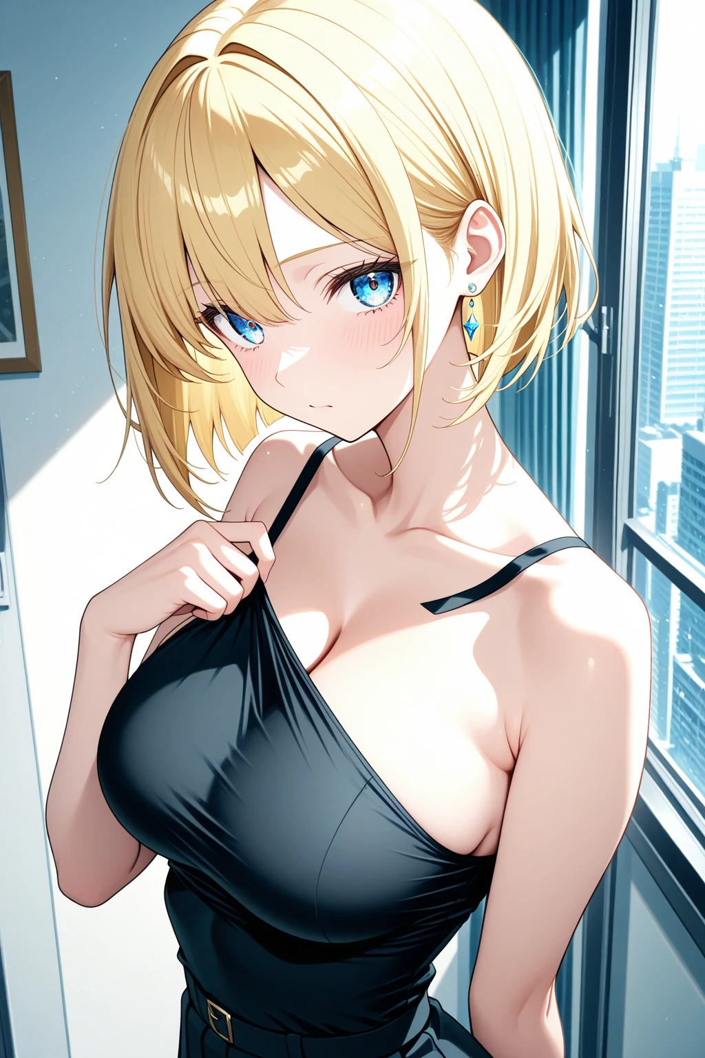 kelolinde,1girl,jewelry,breasts,skirt,solo,shirt,pencil skirt,black skirt,bra,cleavage,pantyhose,necklace,looking at viewer,holding,black bra,yellow hair,blue color eyes, detail face, detail hair, detail eyes,unfriendly face
