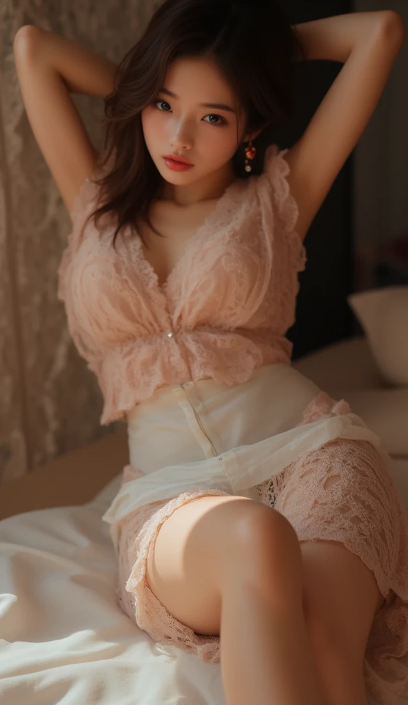 (A lace outfit with a wide open chest),(Wearing a sexy pink pastel-colored lace pajamas so thin that you can see your breasts.),((best quality, 8 thousand, masterpiece: 1.3)),  ( Casual and cute hairstyle: 1.2), : 1.1, a charismatic face, detailed eyes, double eyelid, Earrings included, bedroom, light makeup,very angry，open shirt, white panties,Shooting from the side,black pleated skirt,