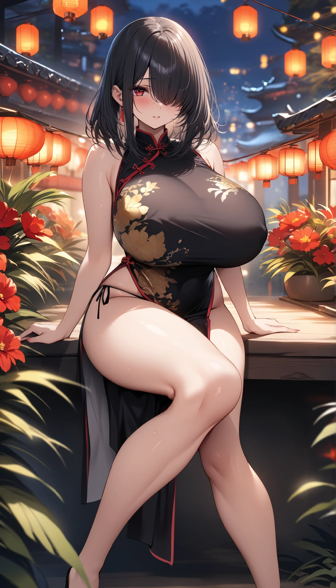 、(Sweat)、(vapor)、(((Long gloves:1.3. Absurd、、golden headband、Flat lighting、elevation、sexy pose、Highest quality、Complex、Surreal、perspective, Very detailed, Detailed Background, shape、1 Girl、alone、Big Breasts、A light smile, Embarrassing, blush, (()), Long gloves、- Elbow hand pockets、Nipples、sexy、Sensual, Huge breasts, White Chinese Dress, (Cheongsam with slit:1.3),), Bridal Legwear, (Asymmetrical legwear:1.1), Lace trim, (Showgirl skirt, Cross lace skirt, Tight Skirt, See-through skirt:0.5), , Single Bridal Gauntlet, (Bridal Garter:1.1), A beautiful woman with supple curves, Bare shoulders, Cowboy Shot, church, Bushes, wood, maniac, dynamicライト, dynamicシャドウ,Knee-high socks、Long gloves,Knee-high socks、Long gloves、Enchanting、Inviting、sexy、dynamic、Crouching。With legs spread。Sitting