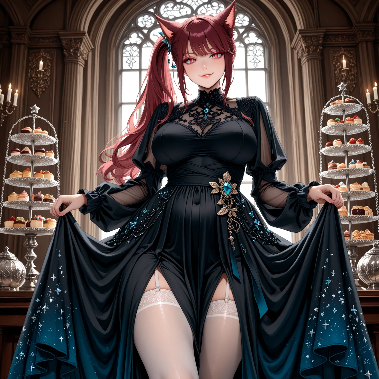 score_9,score_8_up,score_7_up, big breasts, beautiful Amanda, redhead, serene smile, lace sexy dress, chains on legs, chains on arms, fullbody shot, slave
