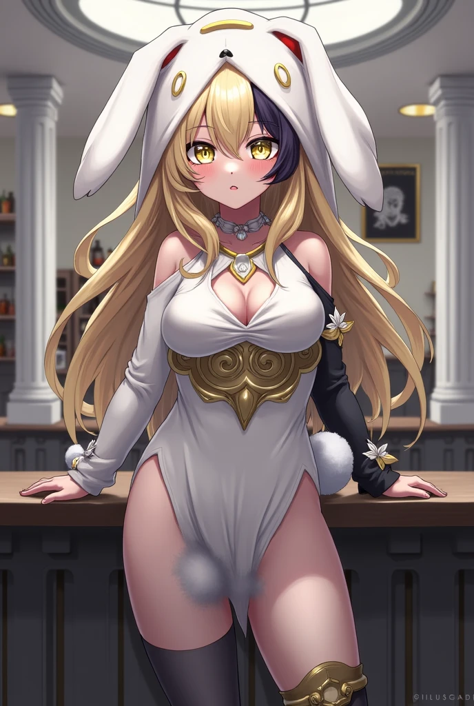(tuxedo jacket), nude, orgasm, (young girl), (black bunny ears), (huge round breasts)(big boobs), erect(large nipples)erection, narrow waist, belly button, small hips, (bare hips), (nude underbody), (exposed vulva)(no panty), exposed(wet pussy)(spread labia)clitoris(pussy juice)urethra, (thin legs)(bare legs), (thin thighs)(M-shape), (silver ponytail)(white ribbon), (Highly Detailed CG Unity 8K Wallpaper) (Better Quality) (Better lighting)