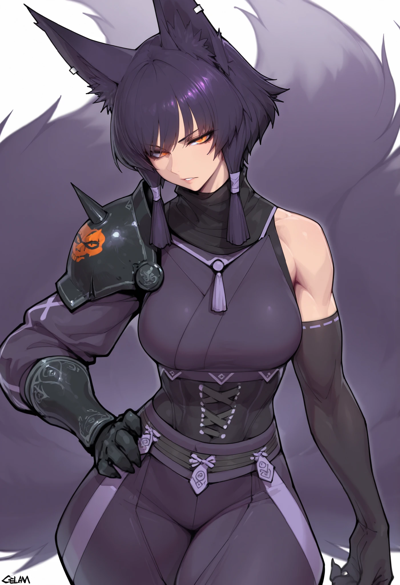 gorgeous kitsune girl, beautiful face, kitsune, hair of ash-purple color, beautiful woman, orange eyes, slit pupils, personalami style, volputrous body, toned woman, curvy and athletic, fox ears, short hair, dark adventurer jacket, buggy pants, single pauldron, single vambrace, single gauntlet, black hands, fox tail, attractive proportions, defined athletic arms and legs, athletic lanky body, fox ears, calm dominant expression, hair tubes, half-closed eyes, medium breasts, huntress, masterpiece, ultra definition, simple white background