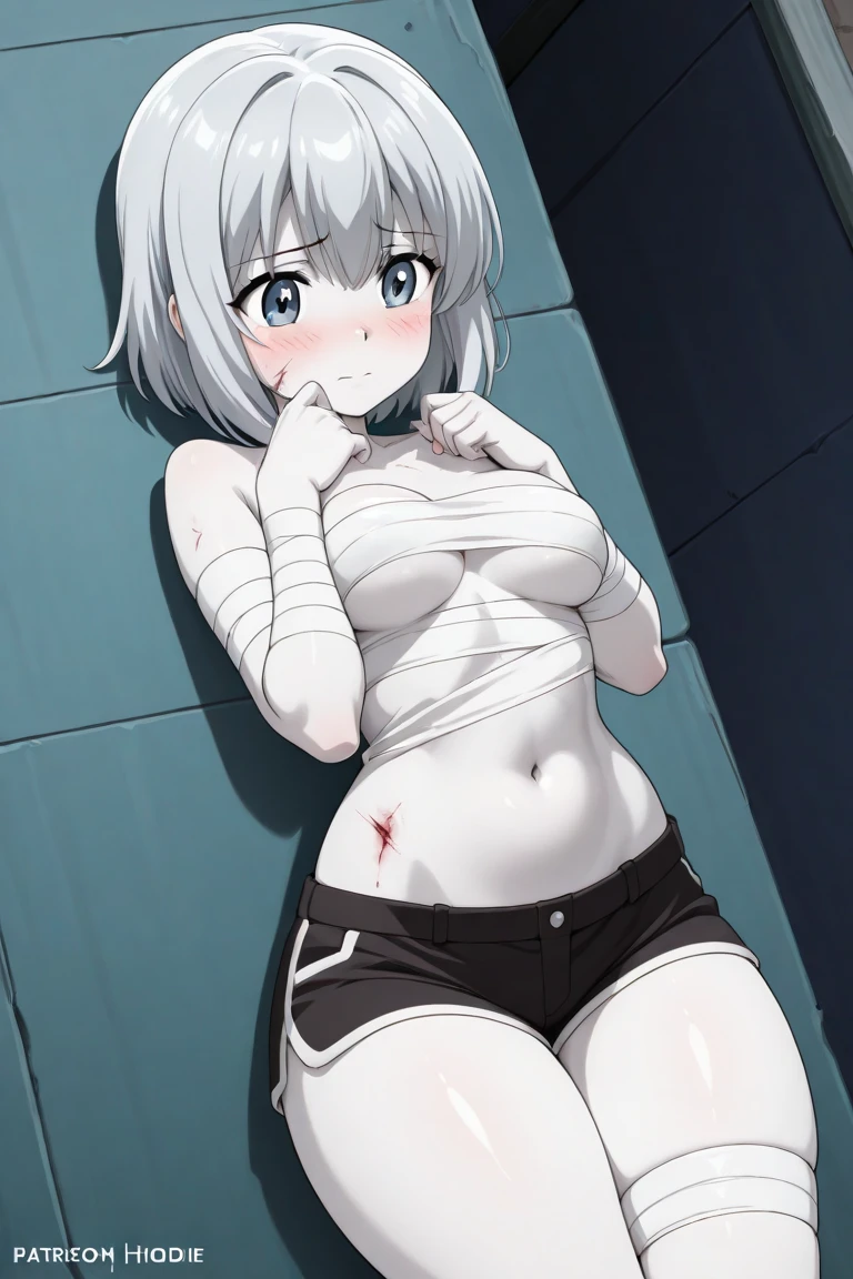 ((collar,leash,tied up,bondage,scared expression)),silver hair,short hair,blue eyes,((bra,mini skirt))
