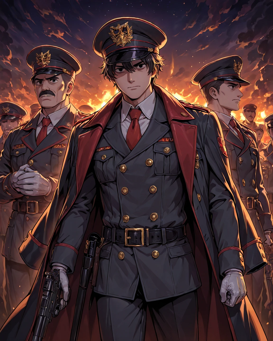 "Japanese officers, indoor meeting, resistance era, WWII, military outfit, Serious, strategy discussion, historical, war room, , tense atmosphere，Don't face the camera"
