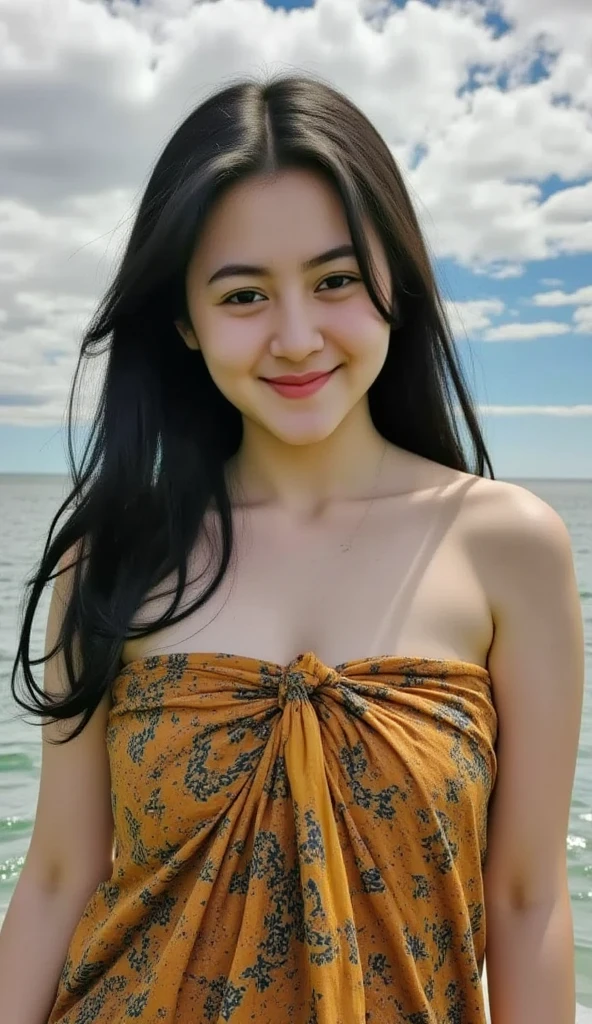 1 mexican girl, 25 years old, Long Wavy black Hair, dark brown eyes, teen, nude, cleavage, smiling, wear yellow green hot suit on the beach sand