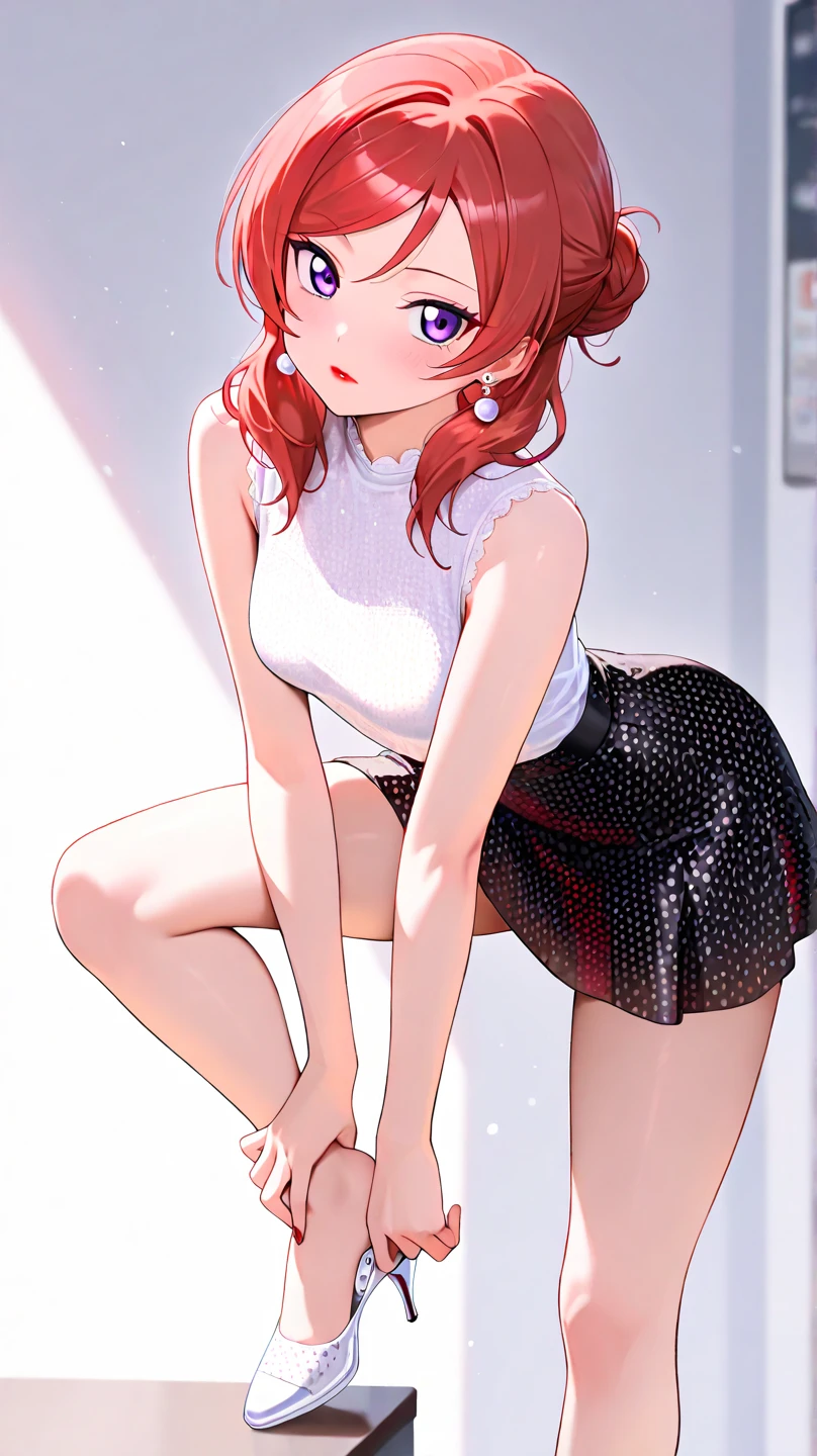 High tail hairstyle, two Ponytail hairstyle, Ponytail hairstyle, Long wavy black hair, standing posing, anime girl style, pixel art anime style,penetrating look with deep eyes,red and purple eyes, hair with a ponytail hairstyle trapped with a big red bun, women, red hair clips, x color shaped hair clips , smiling face blush, next to his bed, Skirt, tank top, Black hair, big thighs, NSFW, Skirt fluttering in the wind, perfect panty, from below, viento levantando su Skirt haciendo que se le vea el panty, hands in fist , Skirt fluttering in the wind, Skirt levantada,