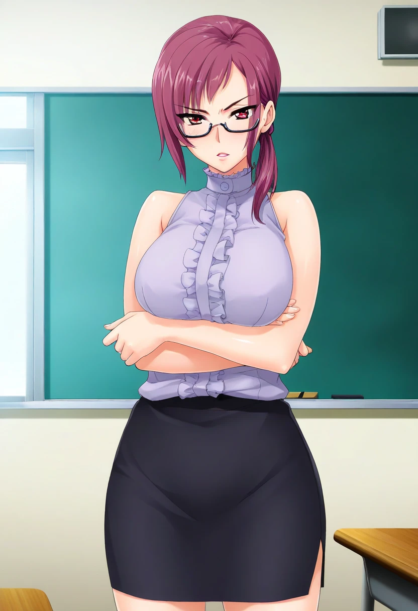 (Masterpiece, Best Quality, High Quality:1.4), professional artwork, realistic painting, Intricate Details, field of view, sharp focus, detailed painting, masterpiece, cinematic lighting, trending on pixiv, (vivid lighting, vibrant colors, by by Nagasawa Rosetsu:1.05),
Yamasaki Suzuko, mature female, female teacher, milf, (spread legs:1.3), sitting on table, holding book, desk, classroom, (full body shot body:1.1),
(pink hair:1.1), long hair, ponytail, lipstick, makeup, ultra detail hair, ultra detail face, (under-rim eyewear:1.1), perfect eyes, perfect face, earring, (confused, blush:1.2),
sleeveless, (lace panties:1.1), sleeveless shirt, white pink shirt, pencil skirt, highheels,
(Large Breasts:1.1), Cleavage, (big ass:1.1), <lora:YamasakiSuzuko-000009:0.9>