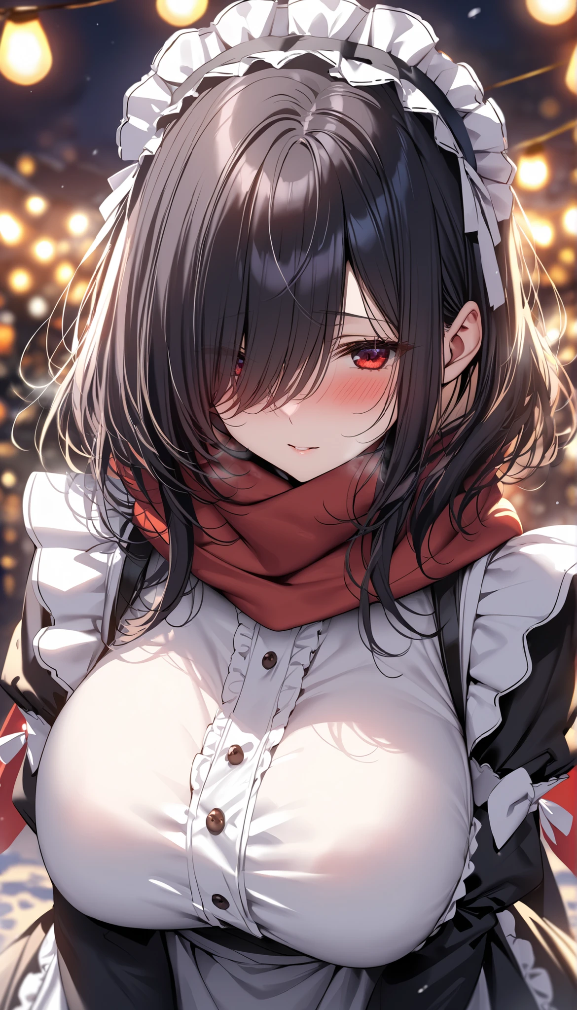 Adult female, fantasy, very short dark brown hair, red eyes, cleric, black on white cleric robes, blushing, drunken yelling, tavern, sad tsundere, drunk, highly detailed, best detail, high quality, perfect eyes, expressive eyes,