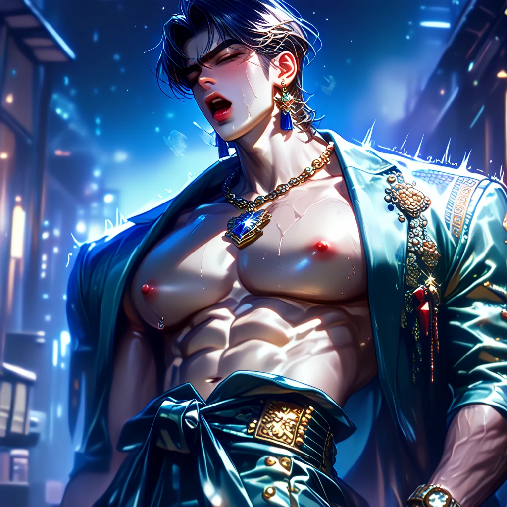 highest quality, 8K, high resolution image, anime style Jujutsu Kaisen, (Gilgamesh | Fate), detailed strokes, bored look , blurred, purple light reflecting from it, (close angle), 1 man, young, male, model, hand in pocket, cool guy, multicolored Background with various geometric shapes, around stickers, muscular, dark Blue hair, Hairstyle, Hairstyle:Undercut, Red eyes, short Hair, Blue hair, highlighted hair ,swollen chest, He is wearing a black sportjacket and black sweatpants, Black Sportjacket, black sweatpants and a gold link chain, sweatpants, Background: Room,