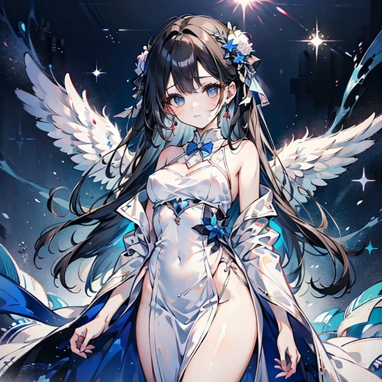 top-quality、extremely delicate and beautiful、Soio、Soio、8-year-old little girl、japanes、Lori、Chiquita、elementary student、A dark-haired、((white and blue leotard))、(highleg)、Tiara on the head、A smile、is standing、Facing the front、