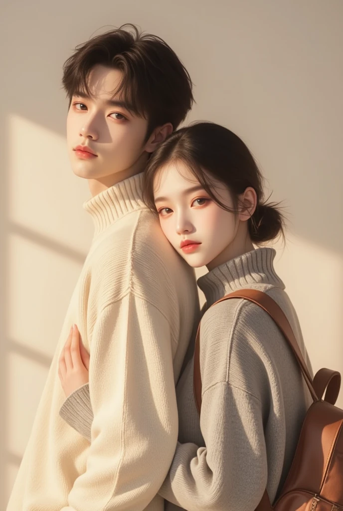 full body ,ultra wide shot,back , model hug couple,wearing crewneck black, sit in the chair,boy undercut black very short curly hair, girl stright long hair,background
nature