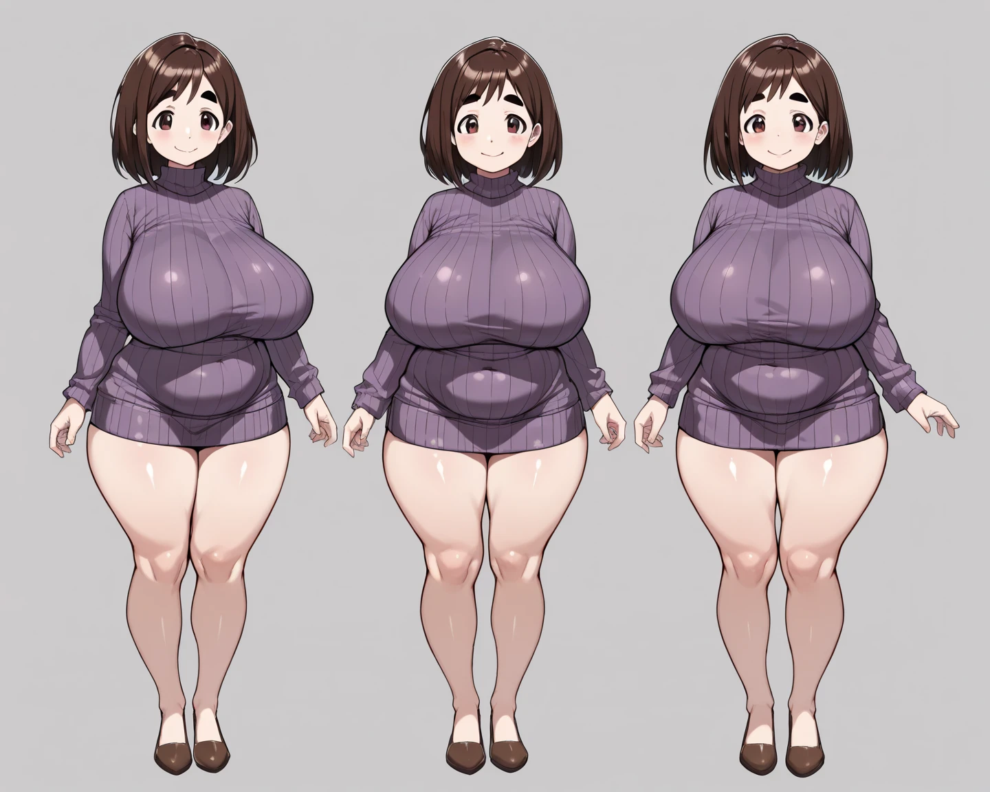 ((character concept art)), ((character design sheet, same character)),(full body view), young adult girl, Tall stature, little chest, closed mouth, brasilian appearance: brown eyes; brown hair; sharp facial features; dimple on the chin; Straight nose; high nose; pronounced high cheekbones; high forehead, stands upright, oiled skin, plump physique, (gigantic breasts:1.2), wide hips, brasilian butt, huge legs, big tighs, detailed face, wear short sundress.