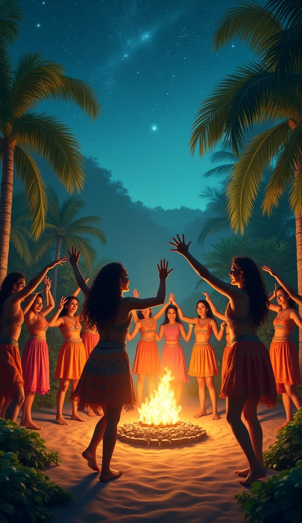 two ultra realistic mayan women with their backs to a portal with a majestic golden lion on the portal inside a black moon,  convey depth. Healing lights come from the hearts of these women., one holds a bronze bowl and the other a large cocoa fruit over a ritual fire, They are sitting.. in the background women dancing at sunset. highlight the cocoa