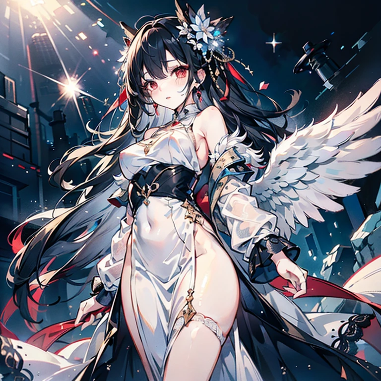 (best quality, high resolution, textured skin, high quality, High Detail,Extremely detailed CG unification)，Demon Queen，Scarlet eyes，Dynamic Angle,whole body，Gorgeous pleated dress，Lots of fabric，Transparent lace，Decorations，Transparent multi-layered skirt，Ruffles，Intricately designed clothing is beautiful to wear，Elegant and attractive posture，Demon Wings，Gloves，whole body包裹的衣服