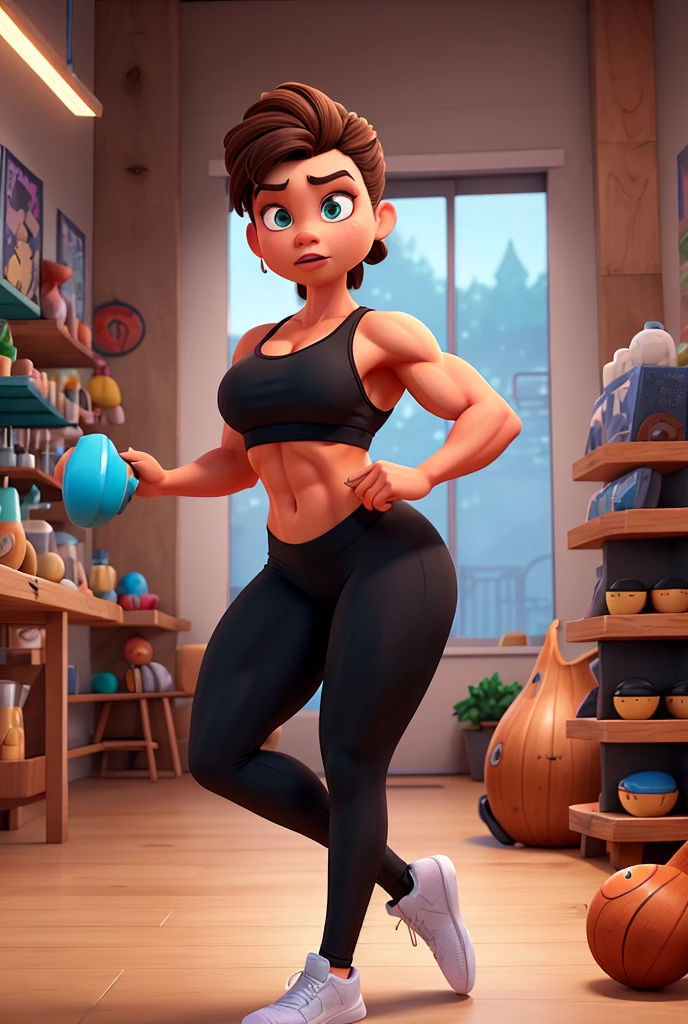 (master piece: 1.1), 1girl, solos, ((helenparr)), detailed brown eyes, shy, smiling, detailed face, abs, ((thick legs)), ((wearing shirt, shorts)), detailed body in clothes, wide_hips, short hair, medium breasts, mature, ((nice details in face)), (hands behind back), more details, simple background, gym, soft lighting,