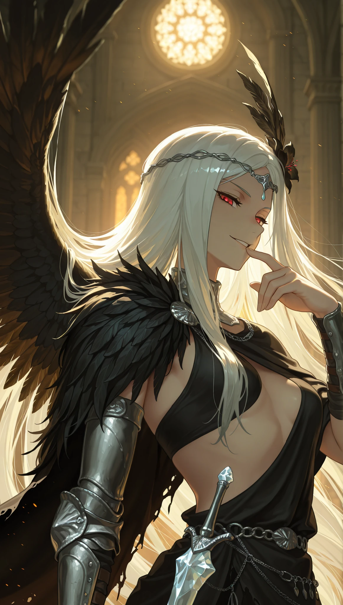 in the style of [arknights|(748cmstyle:0.5)], god rays, darkness, dark souls, dramatic lighting,cinematic shot, masterpiece, best quality, amazing quality, very aesthetic, high resolution, ultra-detailed, backlighting, backlit, dramatic, absurdres, scenery, 
1girl, solo, upper body focus, closeup shot, portrait, angled shot, (dynamic pose:1.4), black flower, white clothes,  very long hair, white hair, red eyes, smirk, finger on her lips, tsurime, narrowed eyes, arrogance, musketeer, capelet, circlet, feathered shoulder cape, asymmetrical clothes, small breasts, feather sword, greek clothes, greco roman clothes, dark roman architecture, single wing, pristine white crystal wing, 

 