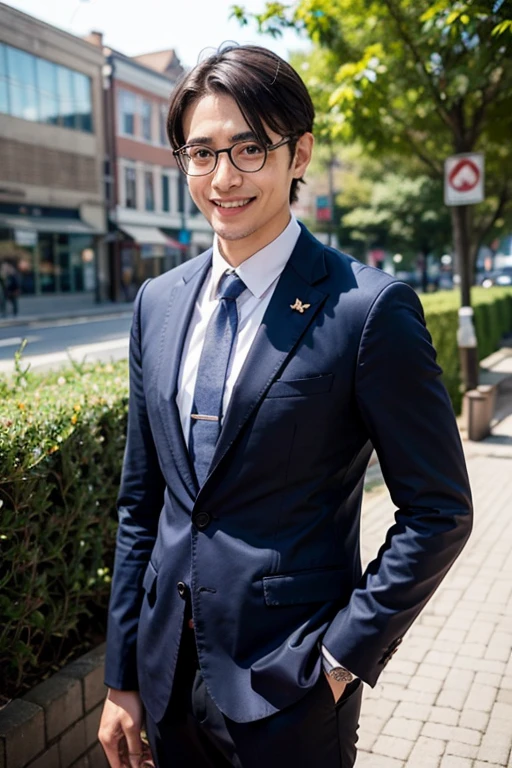 Masterpiece, best quality best, 1 young man, Asian man, East Asian people, one person, The muscles are in good proportion., Posing obscenely, short hair details,smile, white teeth, blue striped suit, road background, Realistic style,photography,Can be seen from the front, see viewers