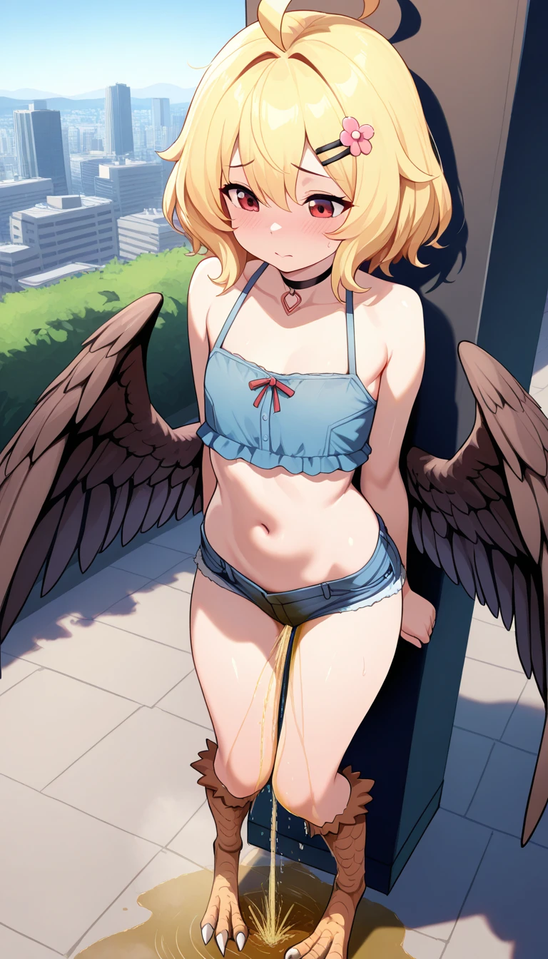(masterpiece:1.6, best quality), (finely detailed beautiful eyes: 1.2), phyami, yamidarkness, 1girl, solo, blonde hair, wings, long hair, horns, red eyes, black wings, bare shoulders, hair intakes, collarbone, choker, demon horns, halterneck, feathered wings, collar, anime coloring, hair between eyes, criss-cross halter, black dress bikini, demon girl, bangs, very long hair, black underwear, pregnant, squat, wet, wet underwear, crying, a large amount of cloudy liquid drips from the genitals, ((Tears flow, cry with pain)),(Bruises, dirty,BDSM), Squirting
