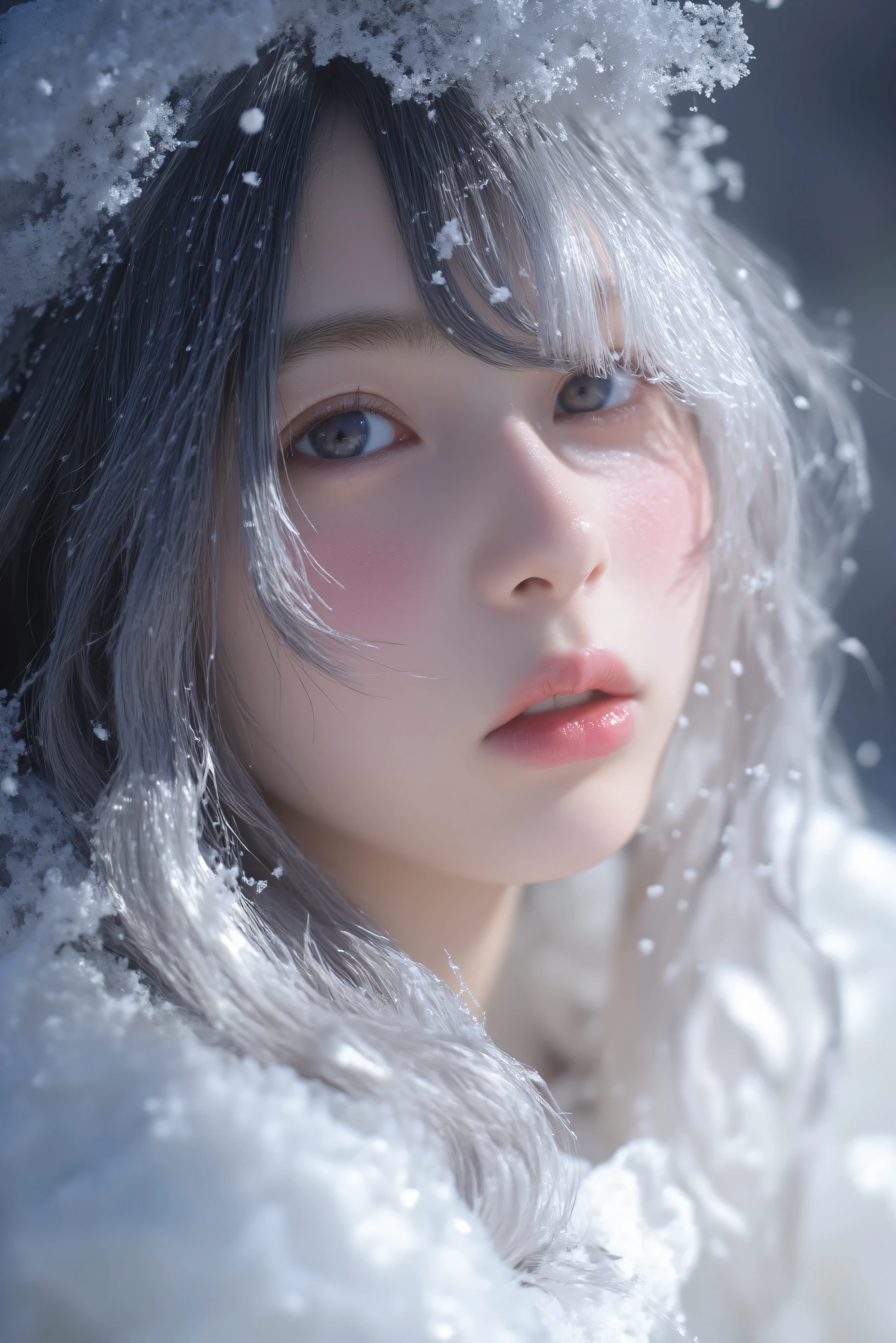 Beautiful girl, blue eyes, white hair, detailed facial traits, national turkic female dress, naked breasts, yurta behind, it's snowing