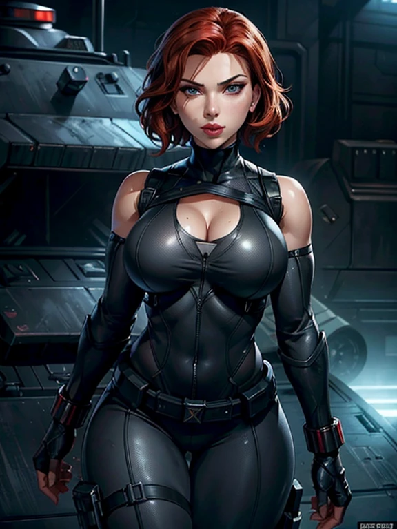 Masterpiece, PhotoRealistic, beautiful detailed eyes, slim athletic body, round breasts, cleavage showing(nipples poking out), sweaty glistening shiny skin; Scarlett Johansson as Black Widow is often depicted in a sleek, tight black leather suit, which is designed to be both functional for combat and visually striking. Sluty makeup, glistening red lips, Her character typically exudes confidence and strength, often seen smiling or with a determined expression. In this iconic look, the costume is form-fitting with tactical details, including a low-cut neckline, utility belt, and various accessories like wrist gauntlets and holsters. Her red hair short classic bob hairstyle, complementing her overall fierce and capable persona, she has a flirtatious smile. Tanks and armored vehicles
