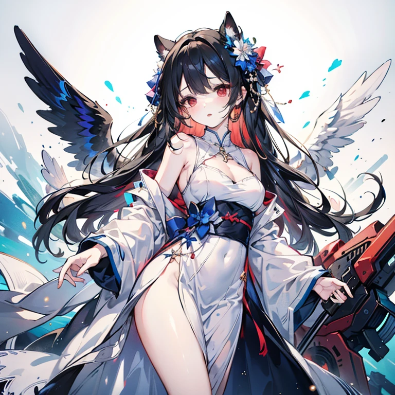 ((ink)),((watercolor)),{{best quality},(expressionless),((illustration)),(beautiful detailed girl),(beautiful detailed eyes),world masterpiece theater,depth of field,(blue spark),anime face,black gauze skirt,(red and blue hair),blue eyes,focus_on_face,medium_breasts,(((((messy_long_hair))))),Bare shoulder,very_close_to_viewers,burning sky,navel,((bustier)),flame,Rainbow in the sky,((Flames burning ice)),(((Fire  butterflys ))),(((ice crystal texture wings))),(Flying sparks),(detailed ice),{{a lot of luminous ice crystals}},((burning feathers)),{feathers_made_of_ice},(frozen feathers),{{{ice and fire together}}}