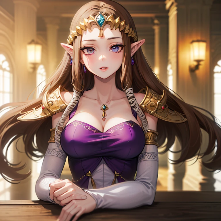 Best quality, 30 year old woman, byzantine empress, sunset, luxurious, sunny, bright, sexy upper body, purple robes, gold, cleavage, big breasts