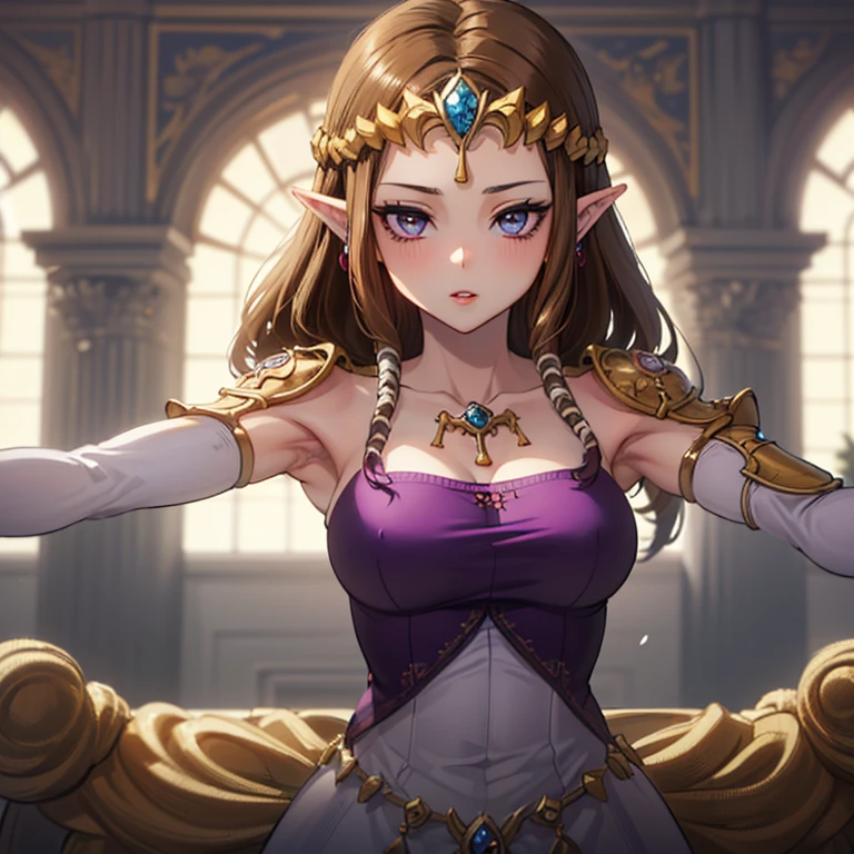 (((Offer a prayer))),(()),((valley)),((((Exposed shoulders)))),(((Are standing))),,(((Golden hair ornament)),,(((Long Hair)))),((Big Breasts)),((((Exposed shoulders)))),(()),Princess Zelda, ((Highest quality)),,(Very detailed) ,((Purple Blouse),(()),, ((Highest quality)), (Very detailed), ,(((Dark brown hair))),Nintendo, (Straight hair),(()), ((Highest quality)), (Very detailed), ,