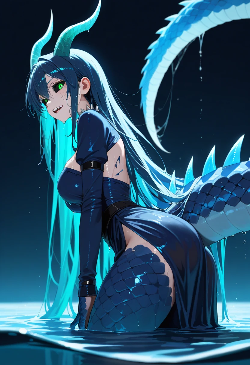 A girl with gills and scales, navy blue hair