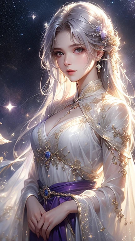 A beautiful fortune teller with long flowing white hair and cat ears、Standing with the body facing forward。She has a mysterious and unrealistic air about her.、His sharp eyes seem to harbor ancient wisdom.。Wearing intricately patterned robes、Interwoven with mystical symbols and elements of the night sky。The background is a magnificent and spectacular scene.、Swirling Galaxy、Twinkling Star々、And the mysterious aurora spreads。The overall atmosphere is magical and enchanting.、accentuates the fortune teller's powerful presence and beauty.。Rendered in the highest quality。
