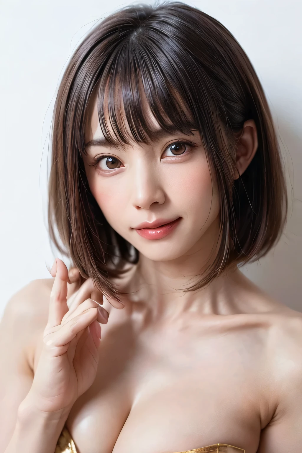 1 girl, alone, Beautiful Skin, very detaileded, ultra detaileded, Ultra-high resolution, (Photorealism:1.4), (highest quality), (Best Shadow), detailed, Perfect lighting, Black Hair:2, ((Showpiece, highest quality, High precision)), One Girl, (Realistic: 1.4), (look up at the camera even a little, カメラをlook up, look up, look up at the camera, Looking into the camera))), alone, White Background, snow-White Background, shut up., smile, pretty Black Hair:2, short hair:1.6, Big eyes, Beautiful double eyelids, eyelash, listen, Long neck, 美しいLong neck, Absolute area, ((Face close-up, short hair with bangs、Short Bob Hair:1.5、Off the shoulder)), 19 years old, Attractive proportions, Shiny skin, Beautiful clavicle, Golden ratio face, Perfect Face, Teardrop-shaped mole, Mole on chest, bangs, clean bangs, beautiful bangs, Lip gloss, Thin lips, White skin, I took off my clothes, Small face, Small face, 少し上を向いてLooking into the camera, ((smile a little for the camera, Beautiful background with vibrant paint, Listen carefully, big 胸、Dynamic Angle:1.5、Workplace Safety:2))