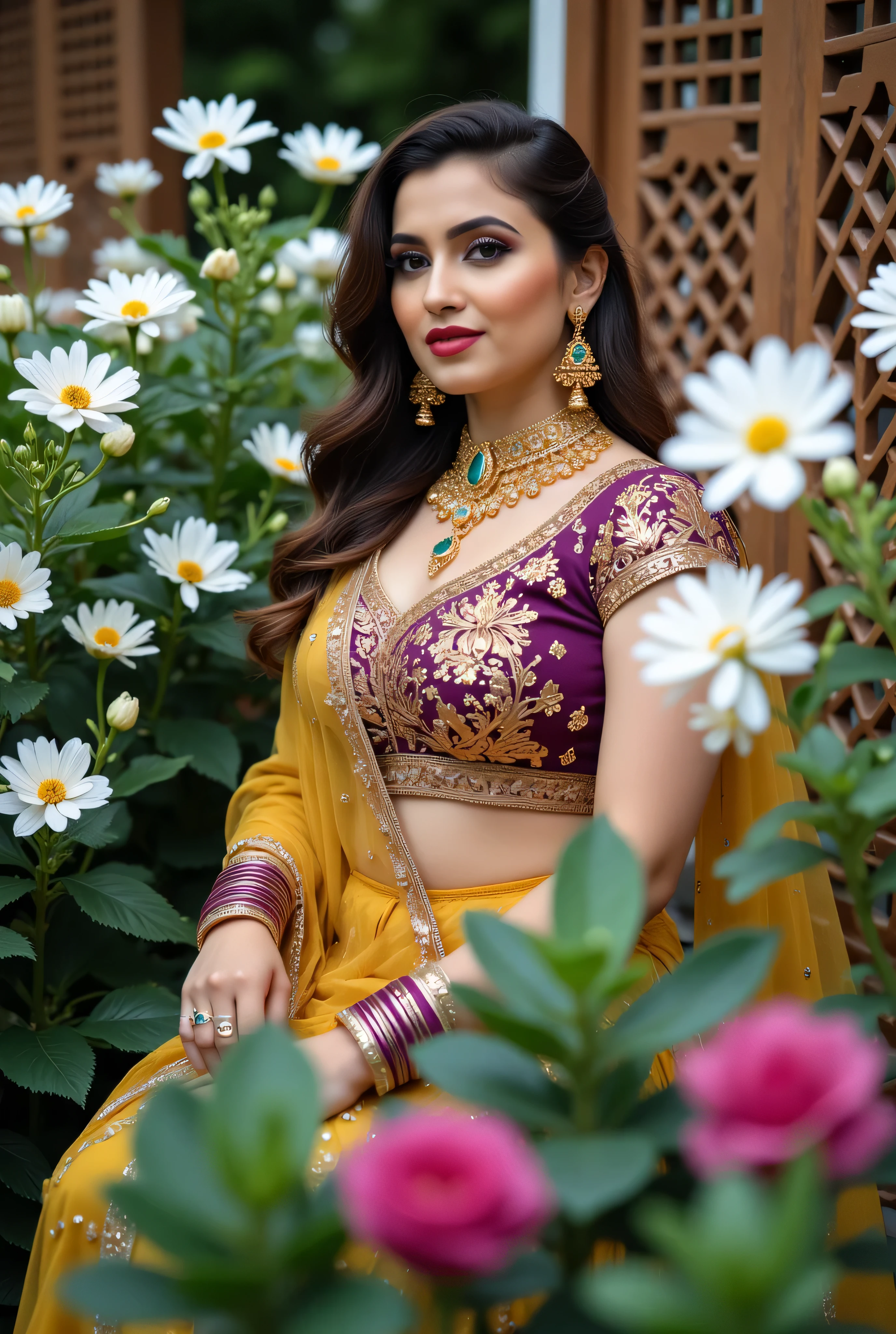 A beautiful Indian woman seated gracefully in an outdoor floral setting, wearing a traditional lehenga-choli ensemble with a richly embroidered Purple blouse, chartreuse yellow skirt, and mustard-yellow dupatta draped across her shoulder. Her look is enhanced with intricate gold jewelry, including layered chokers, jhumka earrings, stacked bangles, and an emerald pendant. Her makeup is professionally applied with bold lips, defined eyebrows, and contoured cheeks. She has a symmetrical oval face, flawless skin, and flowing, softly curled dark brown hair. The backdrop features blooming white flowers and ornate wooden lattice panels, creating a serene and regal garden atmosphere. Studio-quality lighting with a cinematic bokeh foreground. Full-body composition, elegant posture, poised expression, royal Indian ethnic fashion, high realism, editorial photography style. high detail, DSLR quality, fashion editorial, traditional Indian attire, natural garden light, soft shadows, ethnic elegance, jewelry detail, realistic rendering, studio background bokeh bad-hands-5 and bad-fingers-5
