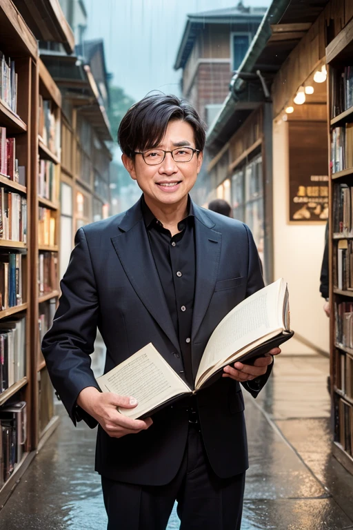 8k, photorealistic, highly detailed, (cinematic:1.3), middle-aged Asian professor working in dimly lit library, wearing sweater (dark:1.3), (depth of field), bokeh, film grain, wide shot, soft light, dim illumination, looking at camera