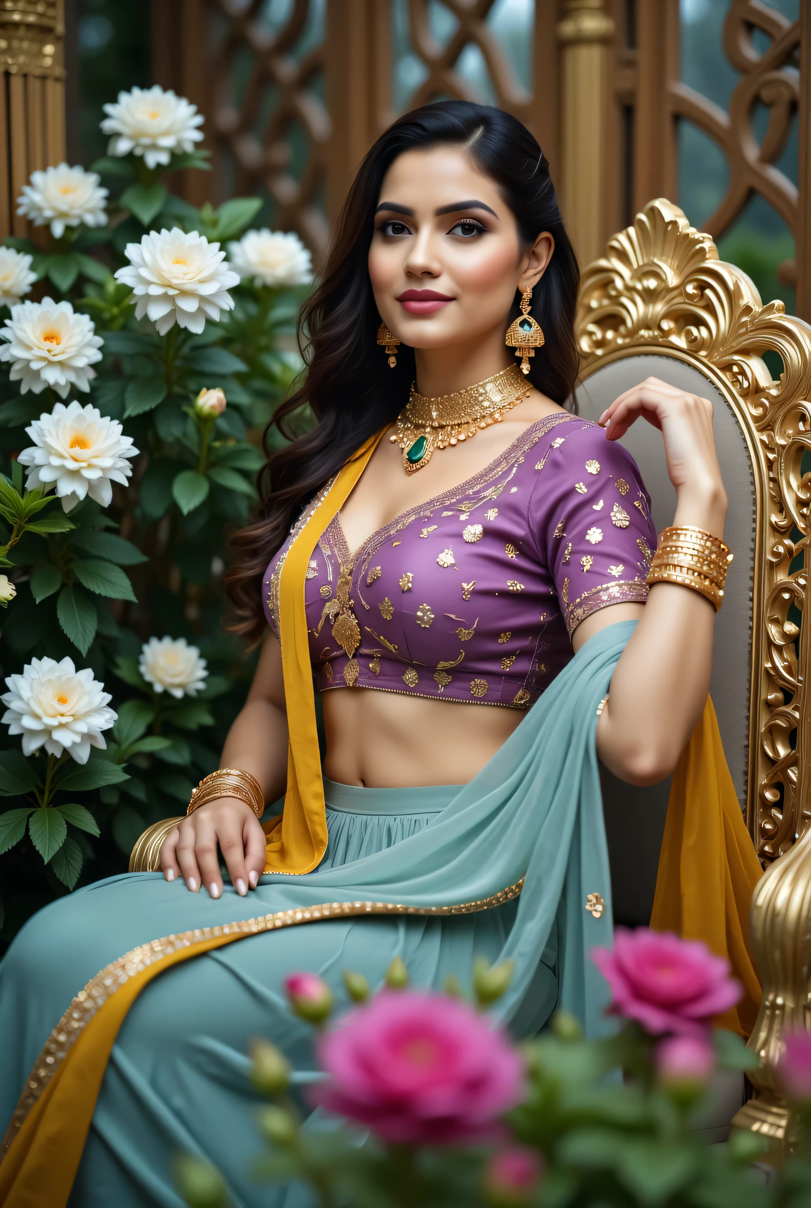 A beautiful Indian woman seated gracefully in an outdoor floral setting, wearing a traditional lehenga-choli ensemble with a richly embroidered Purple blouse, Sky Blue skirt, and mustard-yellow dupatta draped across her shoulder. Her look is enhanced with intricate gold jewelry, including layered chokers, jhumka earrings, stacked bangles, and an emerald pendant. Her makeup is professionally applied with bold lips, defined eyebrows, and contoured cheeks. She has a symmetrical oval face, flawless skin, and flowing, softly curled dark brown hair. The backdrop features blooming white flowers and ornate wooden lattice panels, creating a serene and regal garden atmosphere. Studio-quality lighting with a cinematic bokeh foreground. Full-body composition, elegant posture, poised expression, royal Indian ethnic fashion, high realism, editorial photography style. high detail, Super DSLR quality, fashion editorial, traditional Indian attire, super natural garden light, soft shadows, ethnic elegance, jewelry detail,
X Quantum level realistic rendering, studio background bokeh bad-hands-5 and bad-fingers-5