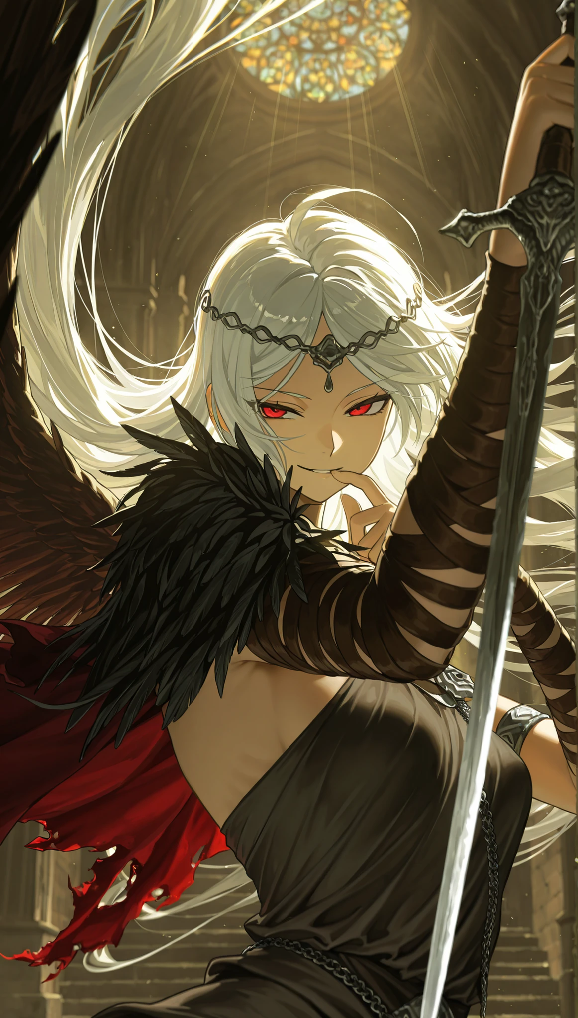 in the style of [arknights|(748cmstyle:0.5)], god rays, darkness, dark souls, dramatic lighting,cinematic shot, masterpiece, best quality, amazing quality, very aesthetic, high resolution, ultra-detailed, backlighting, backlit, dramatic, absurdres, scenery, 
1girl, solo, upper body focus, closeup shot, portrait, angled shot, (dynamic pose:1.4), black flower, white clothes,  very long hair, white hair, red eyes, smirk, finger on her lips, tsurime, narrowed eyes, arrogance, musketeer, capelet, circlet, feathered shoulder cape, asymmetrical clothes, small breasts, feather sword, greek clothes, greco roman clothes, dark roman architecture, single wing, pristine white crystal wing, 

 