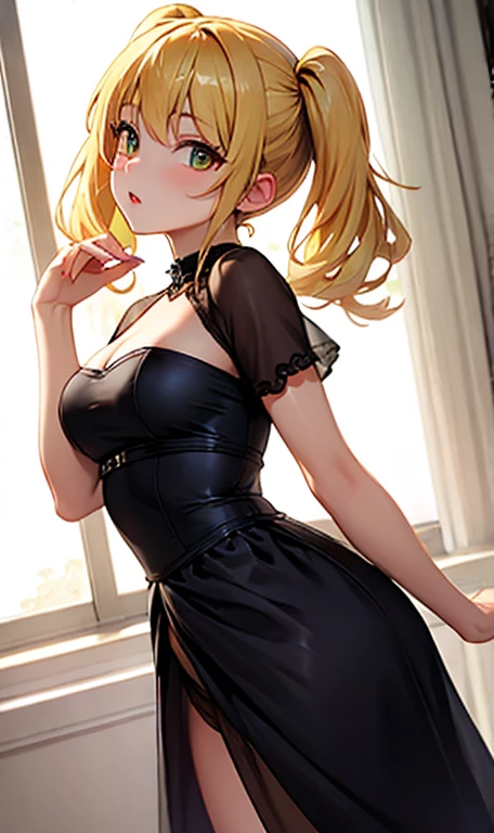 Himiko toga ,\(my hero academia\),my hero academia,picture perfect,eyes perfect ophimiko toga\(my hero academia\),my hero academia,perfect picture,perfect eyes,Short blond hair with two messy pulps in the hair and yellow eyes with cat pupils, wearing strapless dress, with straight pencil skirt, very sensual,