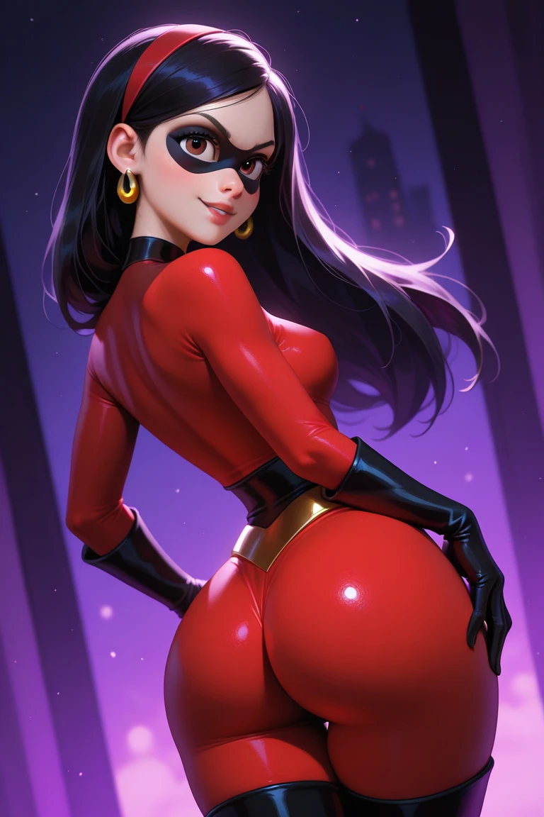 score_9, score_8_up, score_7_up, score_6_up, score_5_up, score_4_up, BREAK, source_cartoon, source_anime, 1girl, solo, violetparr, mask, black hair, long hair, hairband, purple eyes, red bodysuit, black gloves, thigh boots, full body, hands on hips, looking at viewer, solo, simple background ass
