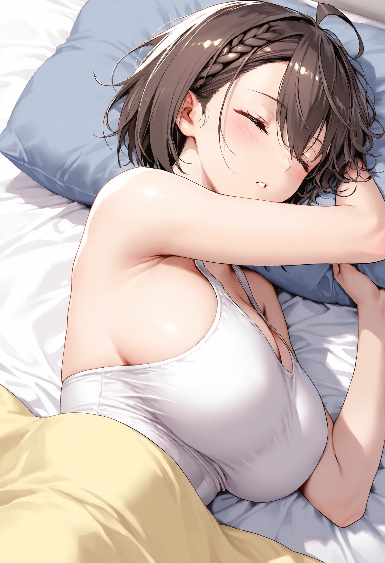 NSFW　(Highest quality:1.5, High resolution, uhd, 4K, Detailed lighting, Shaders), Misaka Mikoto, (独奏) short hair　Brown Hair　Brown eyes　Cool face　((topless))++　　(((((Close ~ eyes))))　sleeping face　sleep　Lying on the grass　cute black panties　Realistic sun rays　 Sweat　Super oily skin　Beautiful abs, sloppy appearance