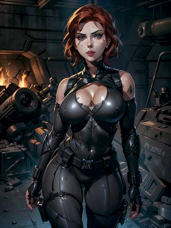 a girl, Scarlett Johansson plays Black Widow, A charming and beautiful female agent,With sharp eyes,Best quality, masterpiece, Ultra-high resolution, (lifelike:1.4), original photo, (Real skin texture:1.3), (Film Grain:1.3), panoramic, Portraits, Very wide angle shot, Thin waist, Cowboy lens, (in the darkness, Dark Shadows, Low profile, Cold Light), night, close up, Tears, indoor, dust, Tyndall Effect, sad, disappointment, Melancholy(expression), cry, frown, (Bow your head), nervous, Tears, , 1 girl, Beautiful detailed eyes and face, Off-shoulder, huge breasts, Huge ass, sexy body, plump body, sexy bra, sexy thong, Navel,Waist,Exposed Crotch,Showing belly,Camel toes are clear,sexy high stockings, high-heel boots,Brown eyes,Wearing a latex suit with the Avengers symbol,Standing in the terrifying scene at night,In the distance is an alien battlefield,There is a blood moon in the sky,Fire on the ground,Lightning cuts through the sky