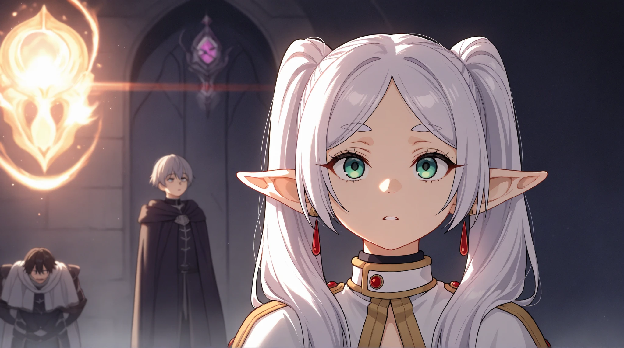 masterpiece, best quality, high quality, WHITE SKIN elf, long hair, white hair, yellow eyes