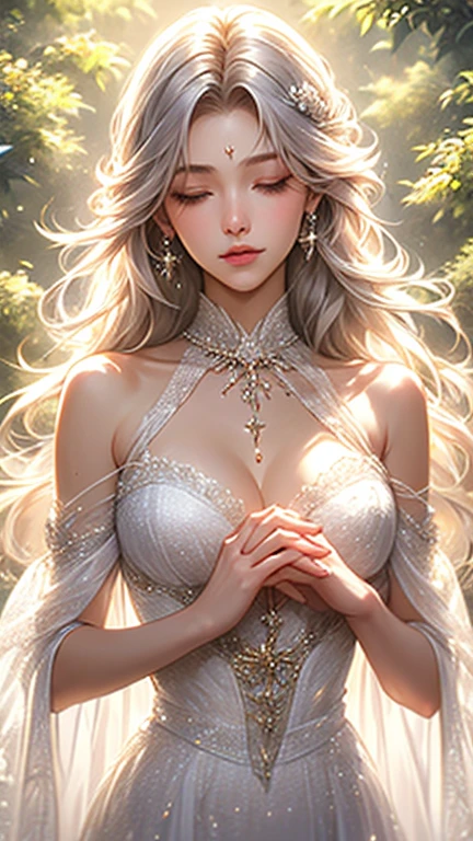 a beautiful young blonde saintess, fantasy world, detailed face and eyes, long hair flowing, elegant underwear, detailed intricate design, volumetric lighting, cinematic lighting, fantasy landscape, serene environment, vibrant colors, seductive, sexy, detailed, half naked