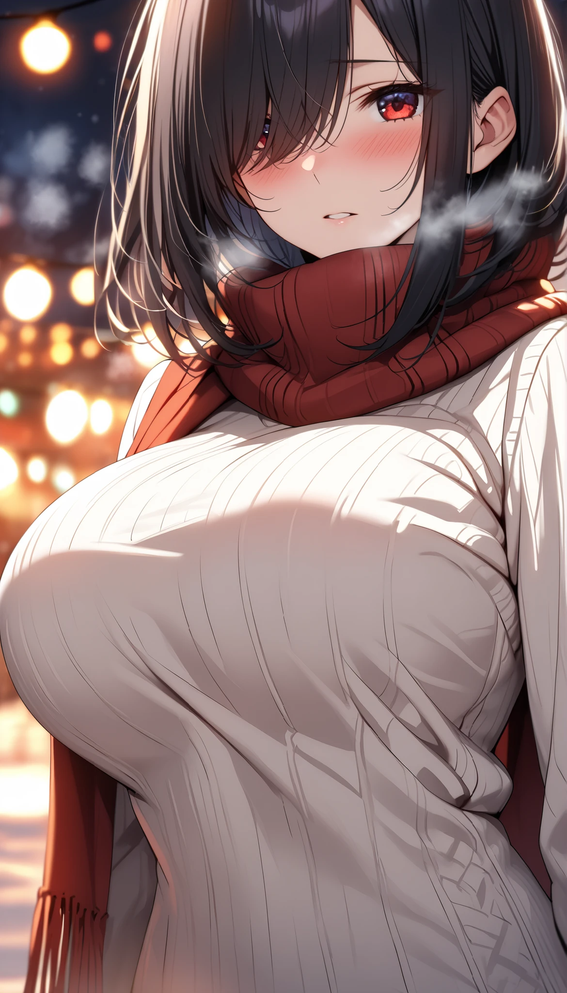 (masterpiece, Highest quality:1.2), (1girl), alone, ((medium hair)) ,((black hair)), ((straight hair)), ((hair over face)), (hair over one eye), (hair over right eye), high detail, bloom, (beautiful effects), (((white Sweater high neck))), detailed eyes, ((big breast)), ((red eyes)), (winter),(lights) , blush, standing, ((close-up)), ((red warm scarf)), cold, breath,