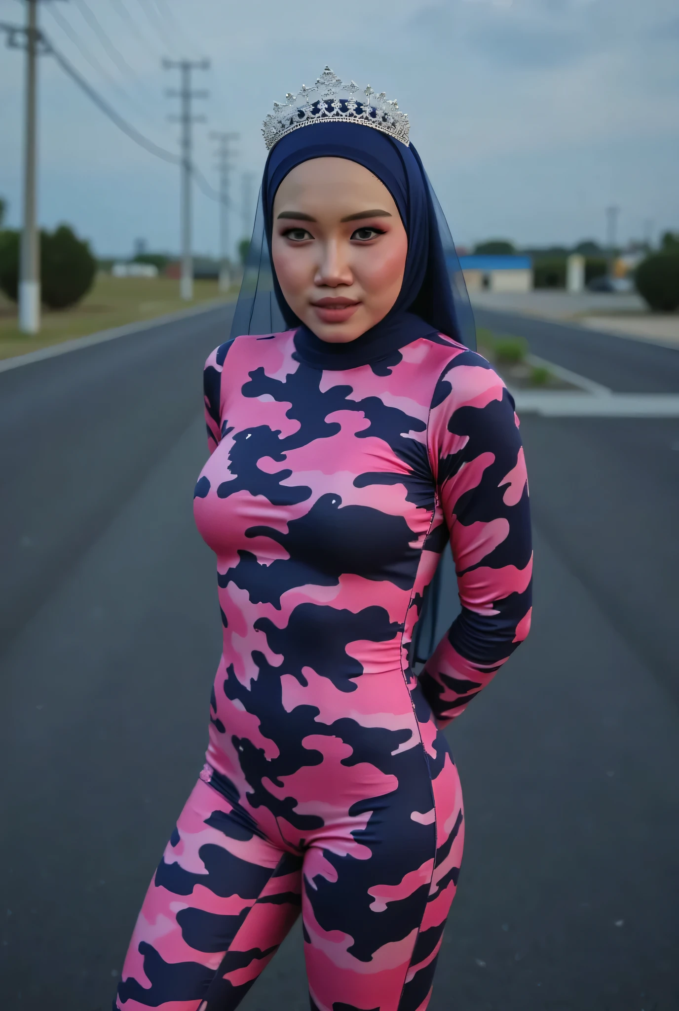 Saya sayang awak front posing, (KIMONO COAT CLOSING ALL FINGERS ), Disappointed facial expression, Front posing, Wearing Scarf neck tie, Front posing, SUPER SKINNY, (Thighs and calves huge muscles), (((MOODY FACE EXPRESSION))), "Wearing Hijab perfectly",  wearing Scoop Neck Sleeveless neon light pink camouflage print Bodysuits strapless swimsuit 'camouflage print', (KEDUA BELAH TANGAN DILETAK LETAKKAN DIBELAKANG PUNGGUNG NOT VISIBLE FINGER) PLEASE DON'T PUT ANYTHING ROPE!!!, THIGHS OPEN WIDE, closing mouth 
   THIN SKINNY HIJAB INDO MALAY (Singlet ), 1 girl,  'BULGE PUSSY', Half body portrait, (face details: 1), (Eye details: 1), ultra high res. realistic: 1.4, UHD, background Di tengah Kota Yang sepi Di negara jepun, LIGHT BLUE HIGHHEELS AND SQUATTING SQUATTING , MANDARIN LIME DANCING NEON LIGHTS