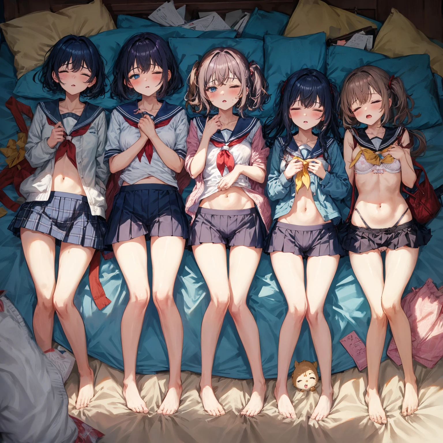 ((highest quality)), ((masterpiece)), (3 woman:1.5), cute woman are posing for a camera, (indoors, bed, pillow, from side,) (on bed), (Lifting SHIRT:1.3), (open your mouth and laugh:1.3), ray tracing, ((tits)), (small nipples), nipples, breasts, hair band, headband, hair bobbles, blouse, shirt, (line up in a row), 12 talents、13 years old、14 years old、15 years old、 Asian, Westerner, silver hair, brown hair, blond hair, (navel), jewelry, looking at viewer, necklace, long hair, short hair, (abs),(Depth of the bounds written), (My skirt is completely blown up by the strong wind.:1.2),